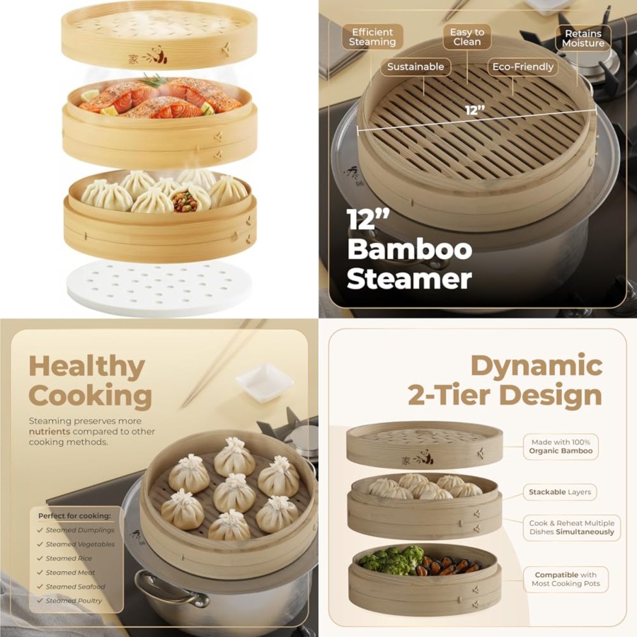 Bamboo Steamer Basket - 2-Tier - Bao Steamer Bamboo 评论和价格