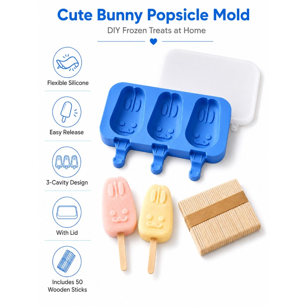1pc 3-Cavity Silicone Popsicle - Bunny Cake Mold 评论和价格